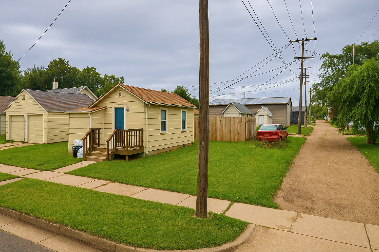 A quaint Cape Cod-style home with beige siding and white window frames, nestled among mature trees in a lush green lawn, located at 2201 S Euclid Ave, Sioux Falls, SD.